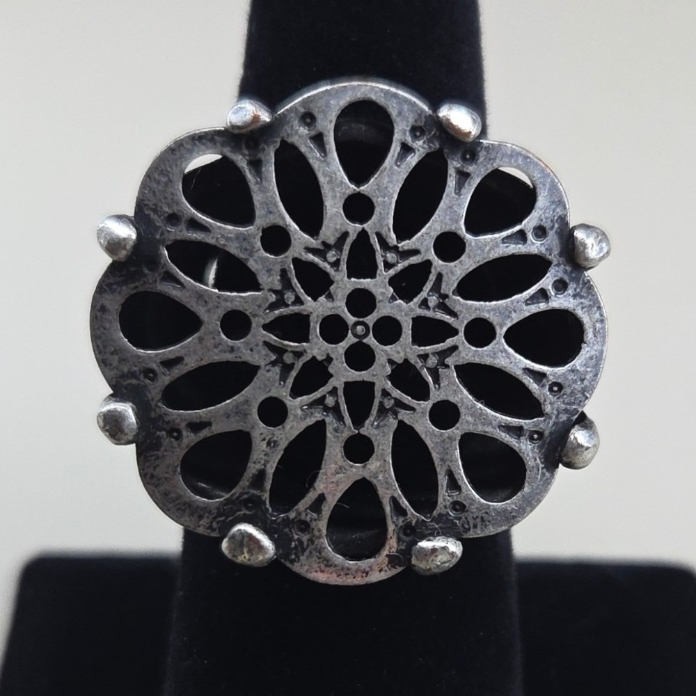 Vintage Style Silver Tone Filigree Mandala Statement Ring Size 7.25 Bohemian